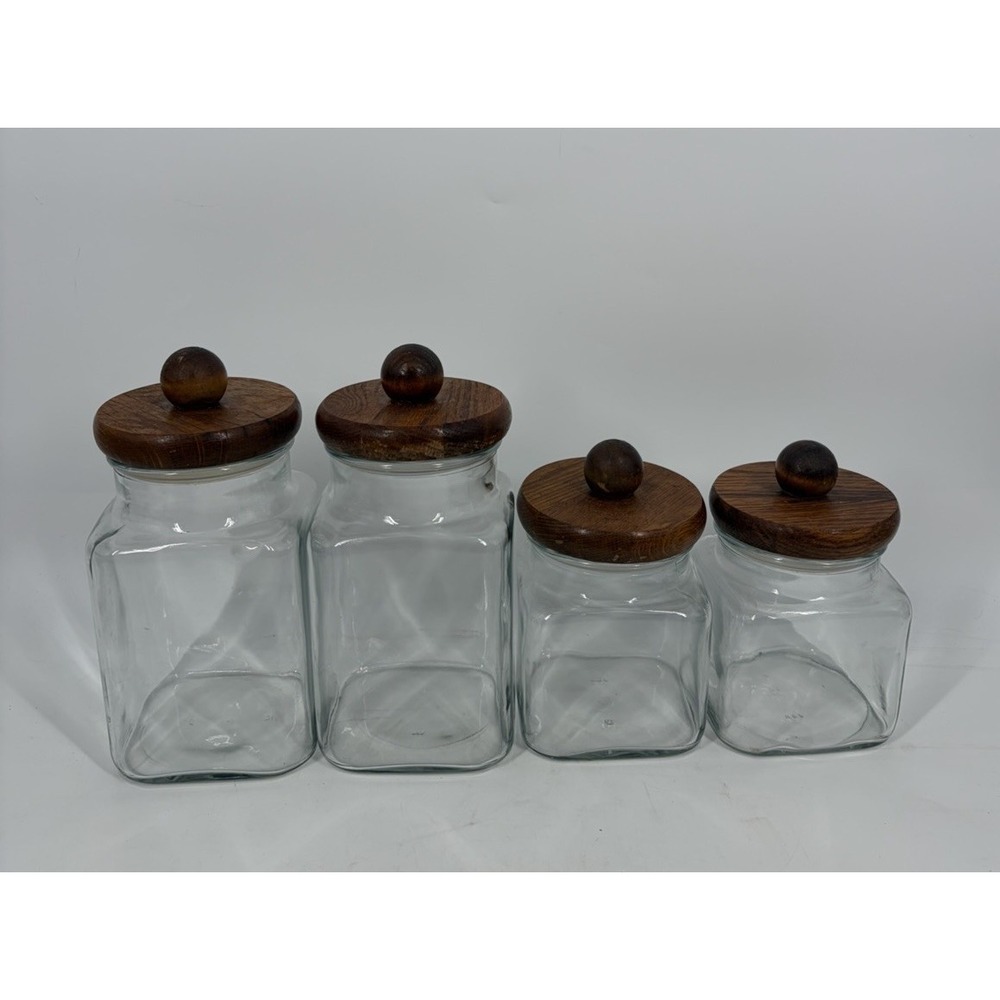 Vintage Anchor Hocking Glass Canister Wood Lid MCM Danish Modern Square Storage
